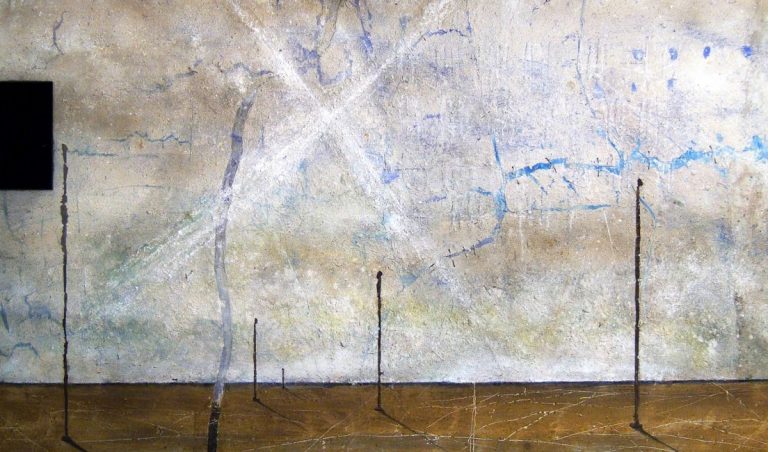 Figuren mit Andreaskreuz. 2005, Erden und Pigmente auf Japanpapier; 120 x 200 cm