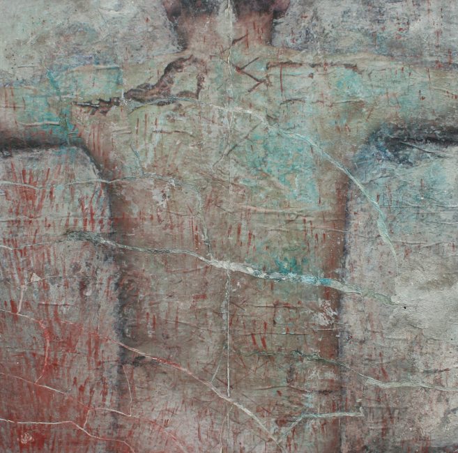 Torso mit Rauten. 2007, Erden und Pigmente auf Photo, 196 x 200 cm