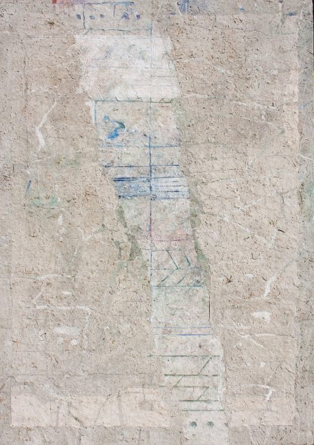 Palimpsest. 2016,Erden und Pigmente auf Japan- und Seidenpapier, Nagel, 151 x 105 cm